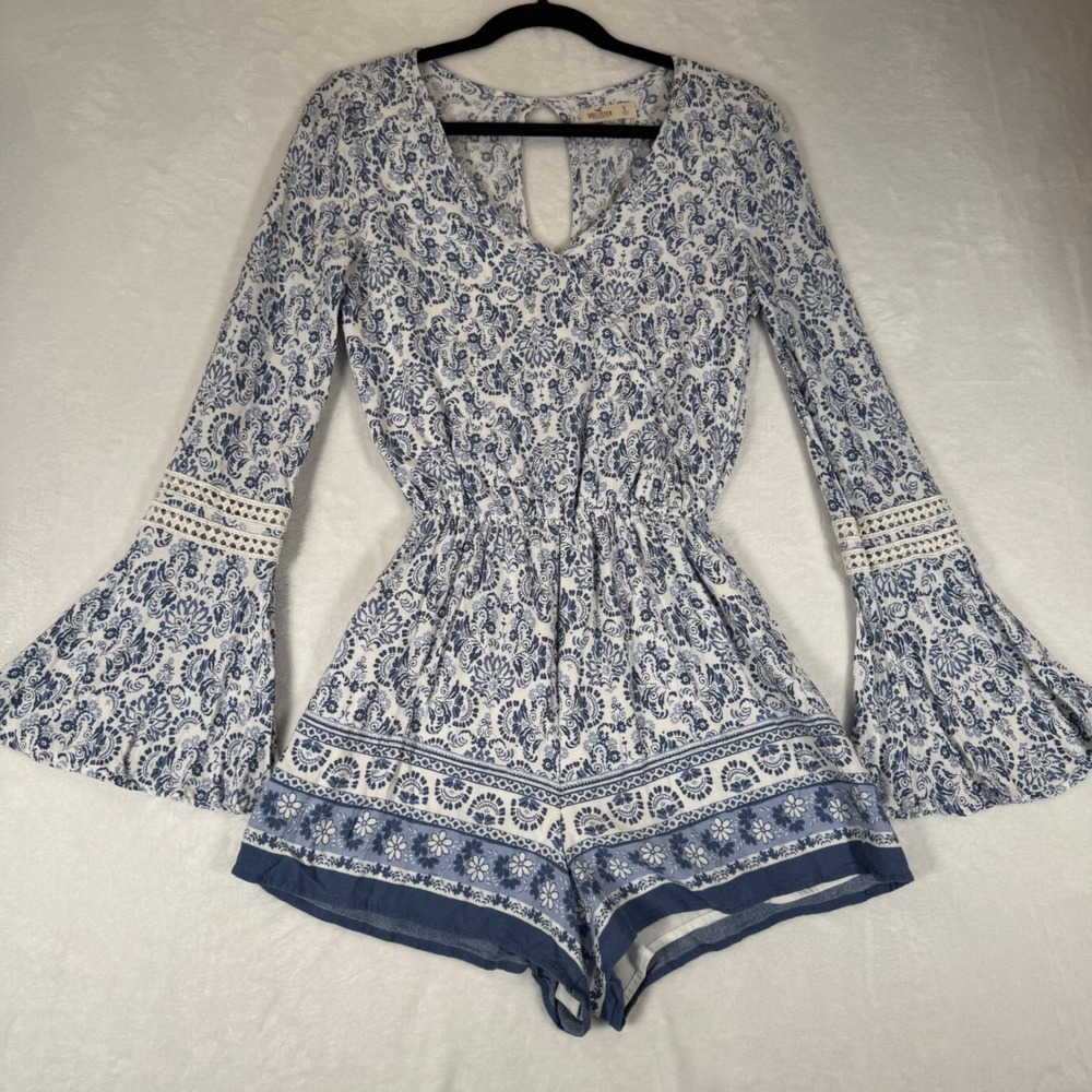 Hollister Blue Floral Paisley Bell Sleeve Romper Crochet Lace Small Boho Summer - Picture 2 of 9